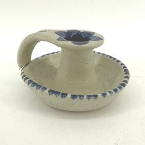 Williamsburg Pottery Stoneware Chamberstick Floral Salt Glaze Candle Holder Blue